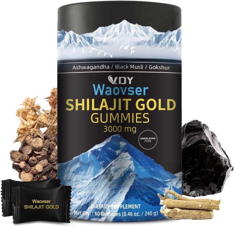 Himalayan Shilajit Gummies, Ashwagandha Gummies, 4 in 1 Gummie, with Black Musli, Gokshura, Ginger, Ginseng, Fulvic Acid 85 Micronutrients, Men and Women, Non-GMO 100% Natural Organic 60 Gummy