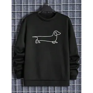 Men's Cartoon Dachshund Print Drop Shoulder Sweatshirt, Loose Casual Soft Comfy Long Sleeve Round Neck Pullover for Fall & Winter, Men's Clothes for Daily Wear