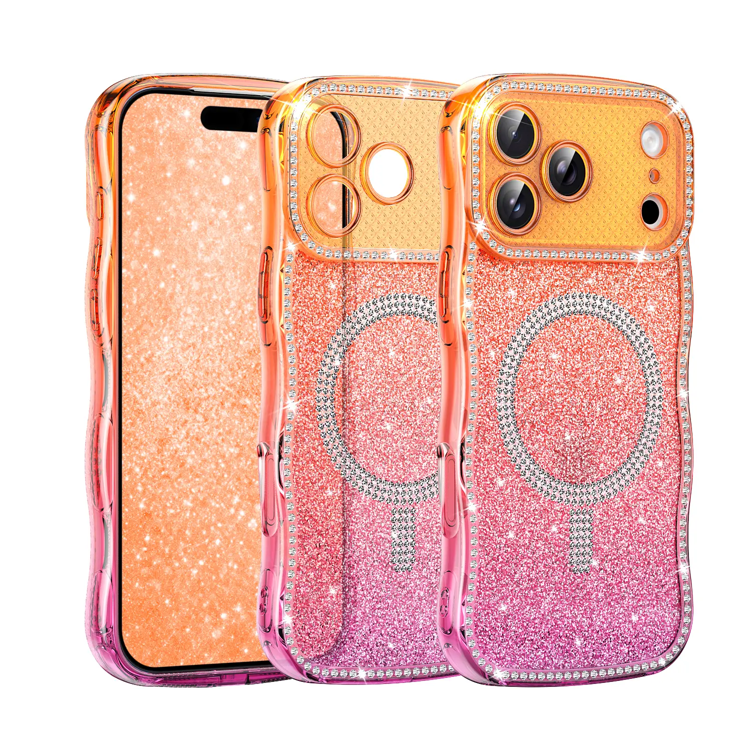 HUTU Luxury Gradient Glitter Diamond TPU Soft Side Magnetic Phone Case for iPhone17, 16, 15, 14, 13 ProMax, MagSafe Compatible, Four Corners Drop Resistant, Diamond Edge, All-Inclusive Touch Control,summerwins#DealsForYouDays