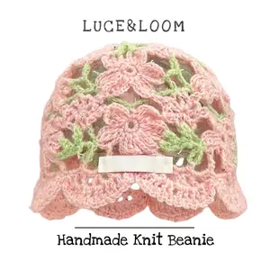 【LUCE&LOOM】Handmade Crochet Hollow Out Beanie | Cute Knit Beanies for Women with Unique Floral Pattern | Soft Warm Color Block Skullie for Daily Street Style