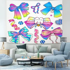 1 Pcs Rainbow Gradient Bow and Bunny Tapestry: Featuring Holographic Sticker-Style Illustrations and a Lively Decorative Wall Hanging, Perfect for Light-Colored Bedrooms, Dressing Table Backdrops, and Holiday Displays.