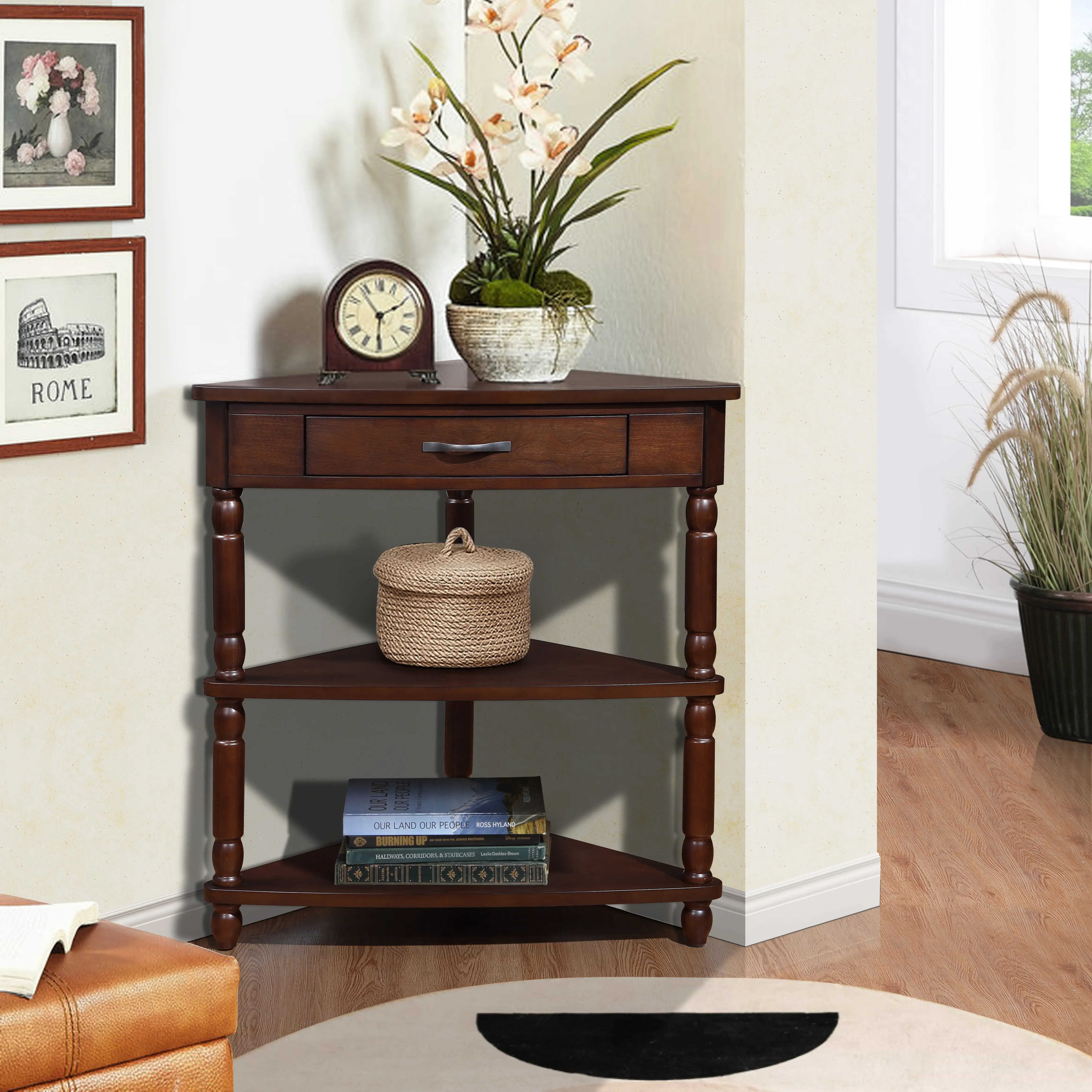 Bellemave Triangular Corner Side Table - 3-Tier Wood Corner Table with Solid Wood Legs, 33.86inL x 20inW x 34.6inH, 37.48lbs Multifunctional Small Space Furniture for Living Room, Bathroom