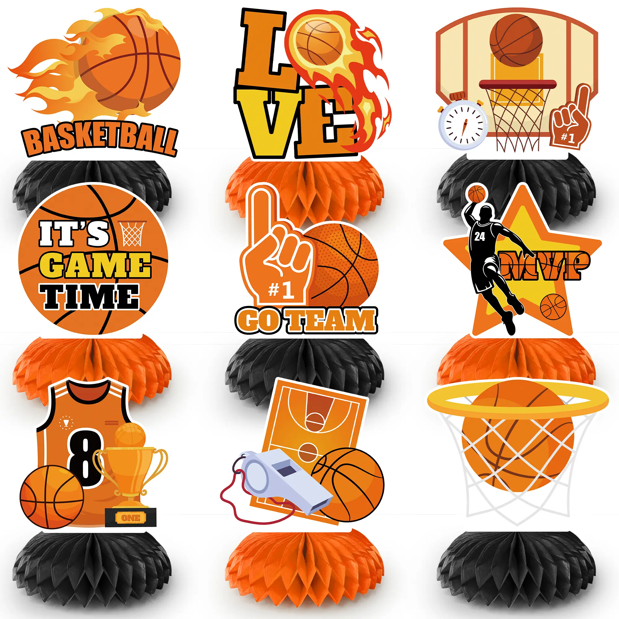Basketball Honeycomb Centerpiece, 9pcs Basketball Birthday Honeycomb Centerpiece, Basketball Party Honeycomb Centerpieces Basketball Centerpieces for Table, for Basketball Party Decorations Supplies