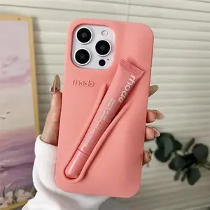 Lip Balm Holder Phone Case for iPhone 17 16 15 14 13 12 | Peptide Lip Tint Compatible Silicone Cover | Aesthetic Makeup Accessory