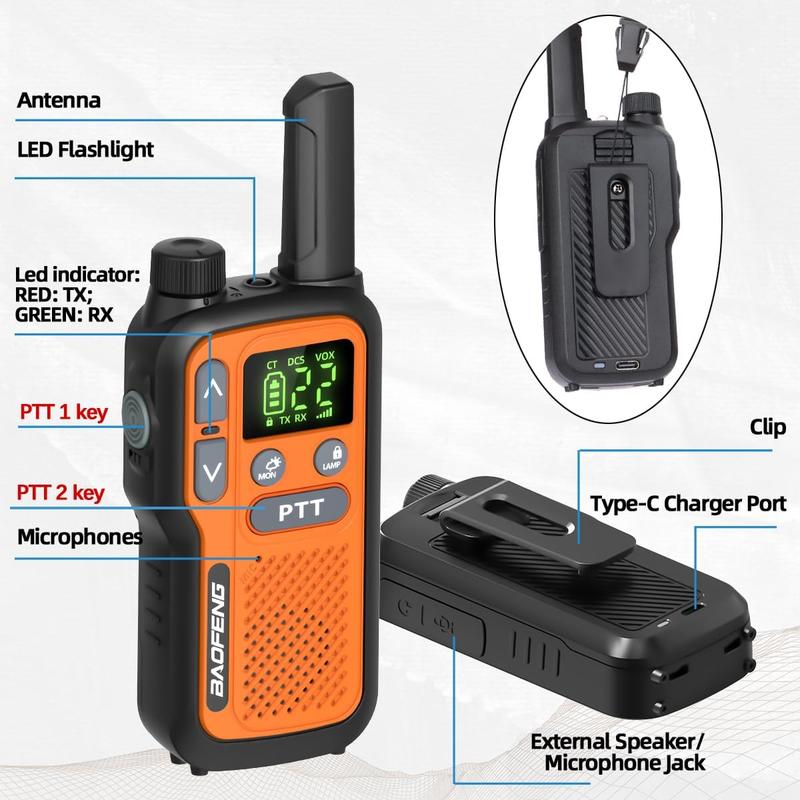 4PCS BAOFENG USB Rechargeable Long Range Mini Walkie Talkie NOAA UHF Type-C Charging Rechargeable Lightweight 22 FRS Upgrade 888s with Earphone Handheld Two Way Radio for Kids Adults Family Outdoor Sports Hunting Hiking Camping