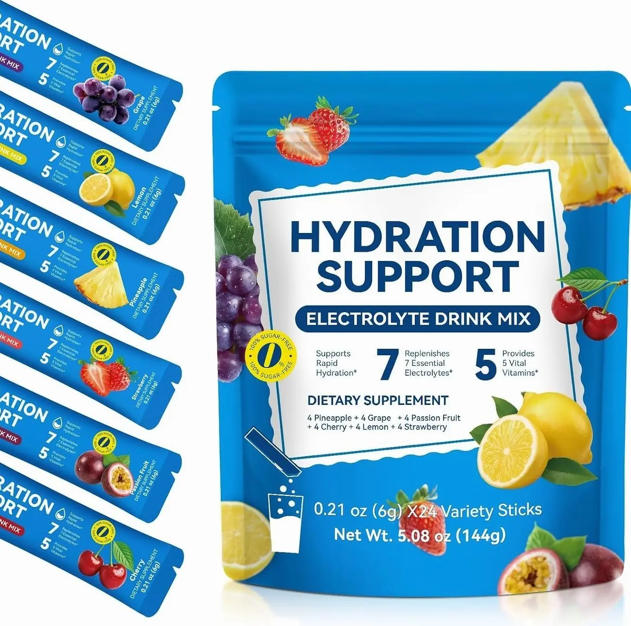YLXYZUAD Sugar Free Electrolytes Powder Packets 24 Count Variety Pack Low Calorie Hydration Drink Mix with 7 Electrolytes & 5 Vitamins B3 B5 B6 B12 C Keto Friendly Vegan (24 Servings (Pack of 1))