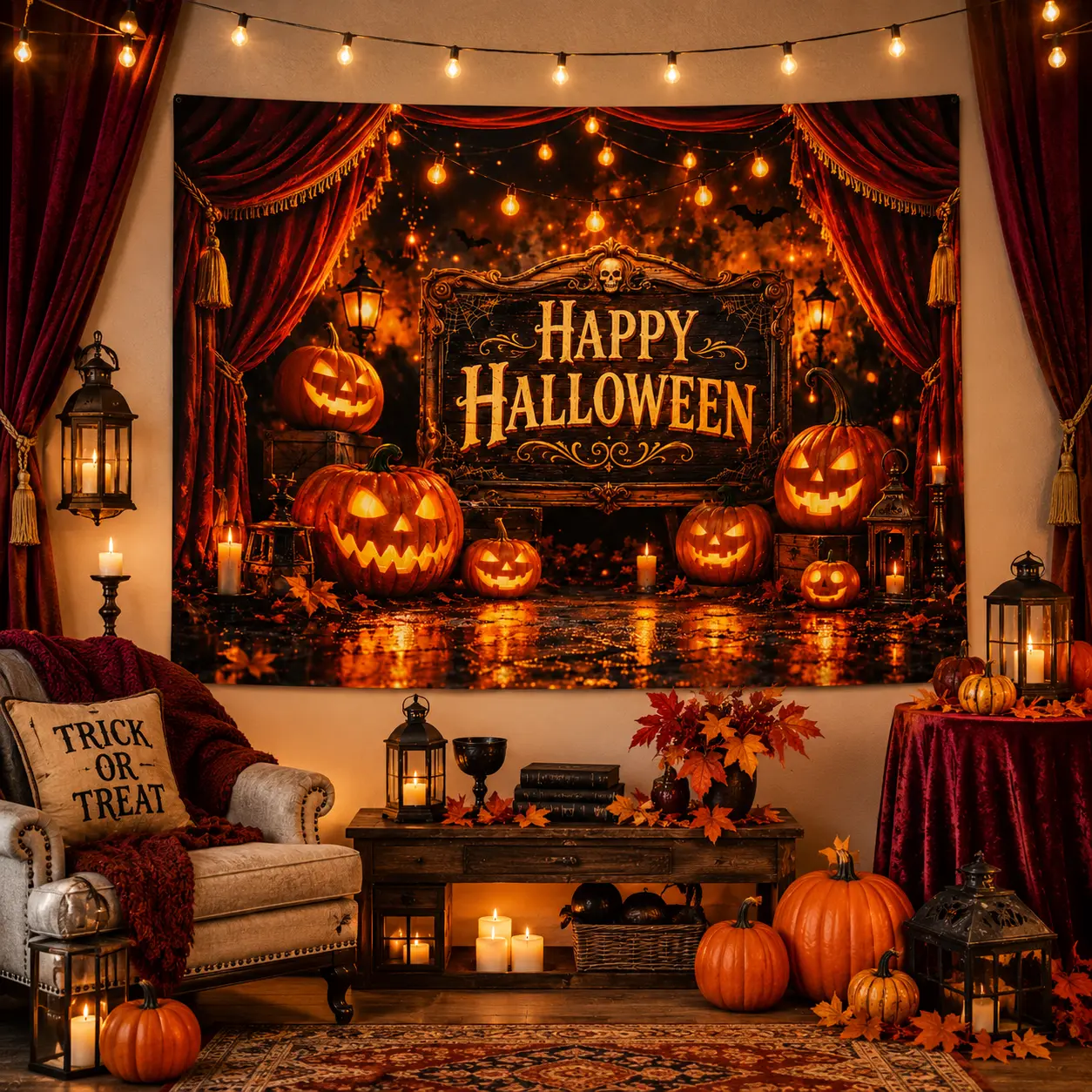 Magical Lightweight Halloween Backdrop Wall Tapestry, Pumpkin Lantern Night Scene Background, Cozy Fall Festive Party Decoration Banner for Home Photo Booth, Room
