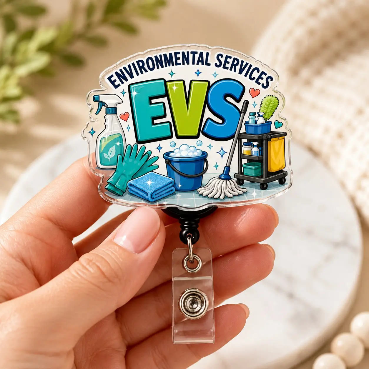 EVS Badge Reel - 2 in Acrylic Topper Retractable ID Holder with Retractable Cord for Hospital Cleaning Staff, Fits ID Cards