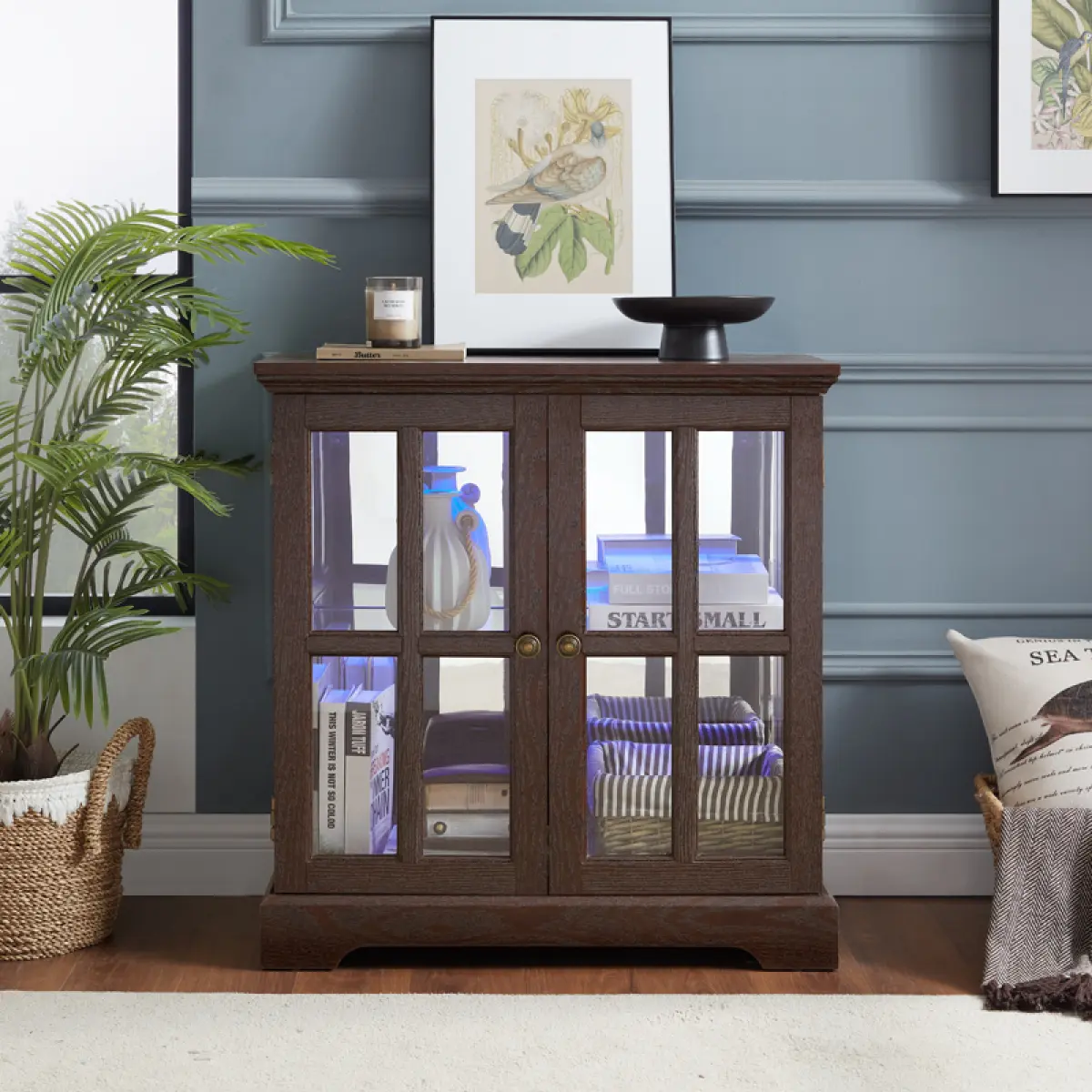 Antique Cherry Two-Door Glass Display Cabinet, Retro Style Cabinet with 7-Color LED Light Strip Remote & Bluetooth App Control, Adjustable Glass Shelf Magnetic Door Wooden Texture Top Stable Base for Home Living Room Decor Storage
