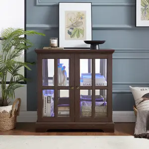 Antique Cherry Two-Door Glass Display Cabinet, Retro Style Cabinet with 7-Color LED Light Strip Remote & Bluetooth App Control, Adjustable Glass Shelf Magnetic Door Wooden Texture Top Stable Base for Home Living Room Decor Storage