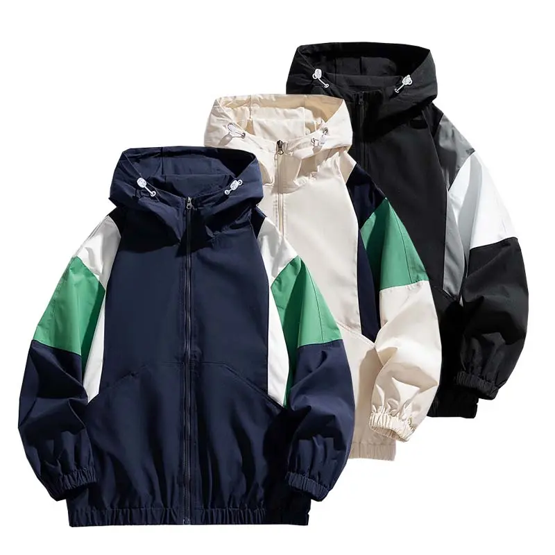 Men's Color Block Patchwork Hooded Jacket, Windproof Fashion Full Zip Sweatshirt with Pockets for Spring & Autumn