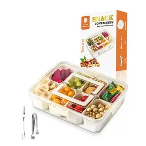 Snack Container with Lid & Handle, 1 Count 8-grid Portable Snack Box, Charcuterie Container for Candy, Fruits, Nuts, Kitchen Accessories, Utensils, Reusable Snack Container