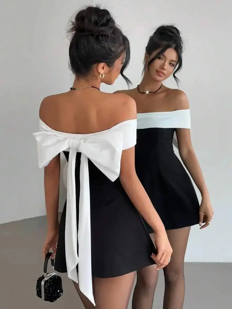 Aloruh Off Shoulder Black and Bowknot Dress Fairycore Graduation Dresses For Women Modern Back To School timeless piece summer staple party essential wardrobe classic seasonal musthave everyday, easy style, trending now