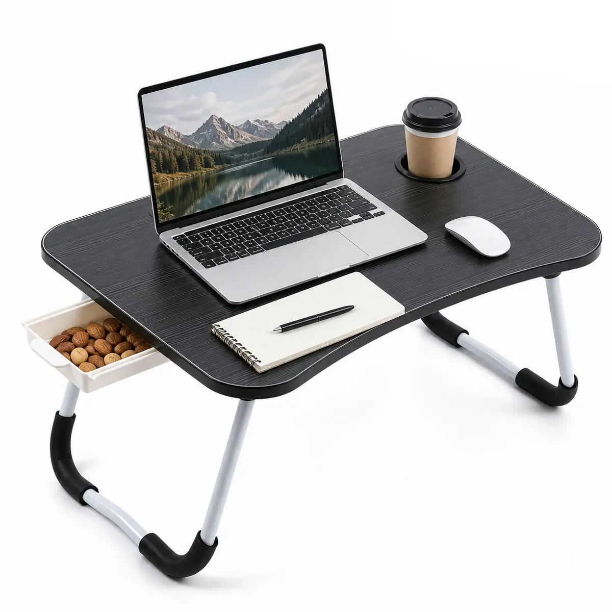 Foldable Bed Laptop Desk 23×14'' Portable Lap Table with Cup Holder & Storage Drawer Multifunctional Breakfast Tray for Bed Reading Working Eating Drawing