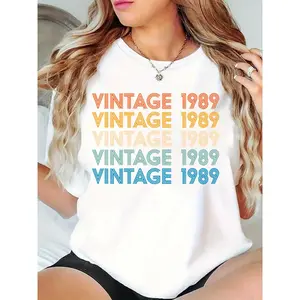 Women's Vintage 1989 Graphic T-Shirt, Retro Multicolor Text Print, Casual Daily/Party/Birthday Top for Ladies, White
