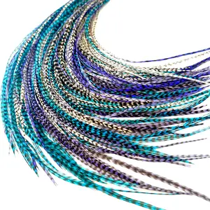 21 Purple, White & Turquoise Grizzly Color Hair Feathers - 7”- 12” Long - Feathers for Hair Extension, Rooster Feathers DIY Kit - Eye-Catching Design - 20 Micro-link Beads - 100% Real Rooster Feathers
