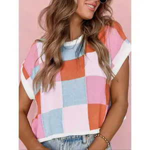 Women's fashionable round neck sleeveless knitted vest, color blocked checkered pattern, multifunctional daily outdoor clothing, all season casual clothingRAIMENTRY