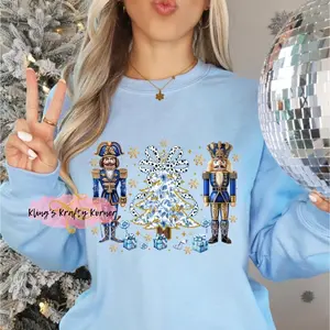Women's Blue Nutcracker Christmas Sweatshirt with Faux Glitter Accents - Comfortable Crewneck Tops for Everyday Wear - Pullover, Womenswear