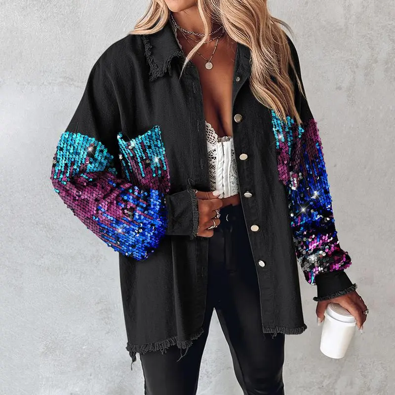 Women's Casual Sequin Shacket - Long Sleeve Colorblock Patchwork Clothes with Button Front, Raw Hem, Check Design, Multi-Size, Sporty Chic for Sports & Outdoor Wear