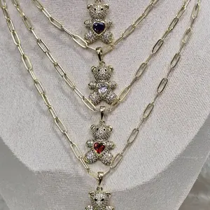 # 0087 Gold Paperclip Chain Necklace with Teddy Bear Pendant 14k OROLAMINADO High-Quality Jewelry 16 inches