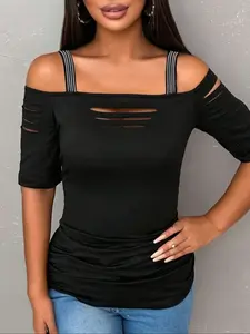 Women's Summer Fashion Sexy Off-Shoulder Slim Fit Hollow Out 3/4 Sleeve Plain Color Top, Blouse, T-Shirt, Casual Holiday Wear