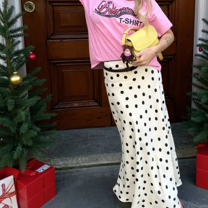 Women Polka Dot Midi Skirt A Line Long Skirt Vintage Elegant Satin Slip Skirt Casual Summer Skirt Y2K Streetwear Outfit Party Holiday Outfit Versatile Chic Bottom Street Fashion Skirt Aesthetic Fashionable Skirt