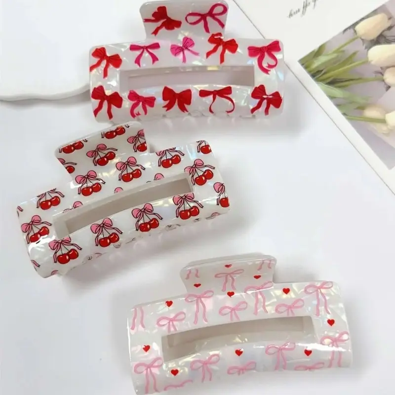 Women's Elegant Cherry Heart Bow Print Hair Claw Clip, Cute Ribbon Ponytail Holder & Strong Hold Shark Clip, Sweet All-Match Hair Accessory Perfect for Daily Wear & Casual Styling