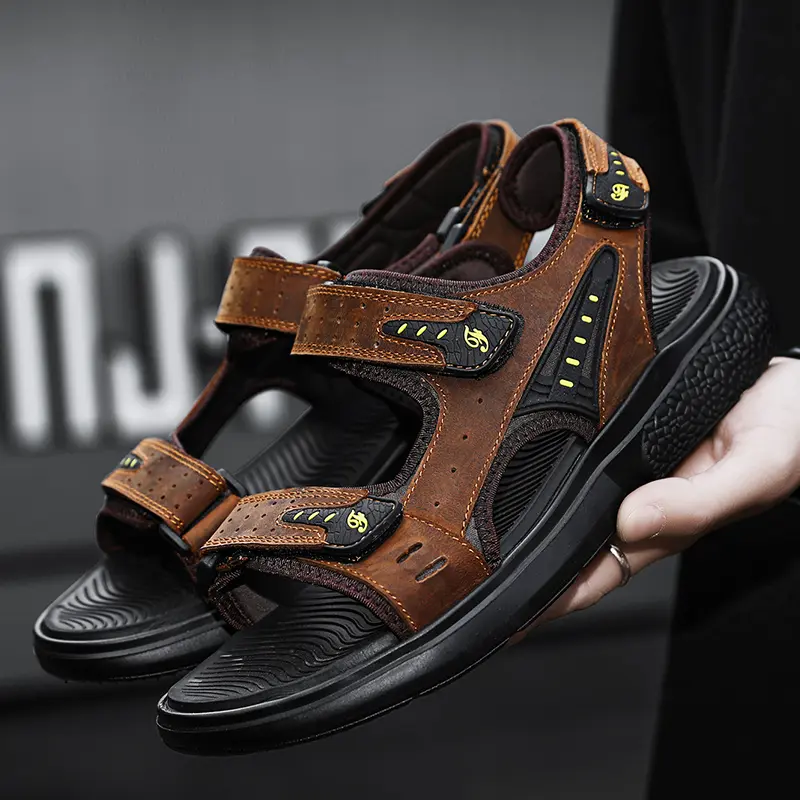 Men's Leather Sandals Hiking Outdoor Water Beach Sports Mens Sandals for Summer with Open Toe Adjustable Straps