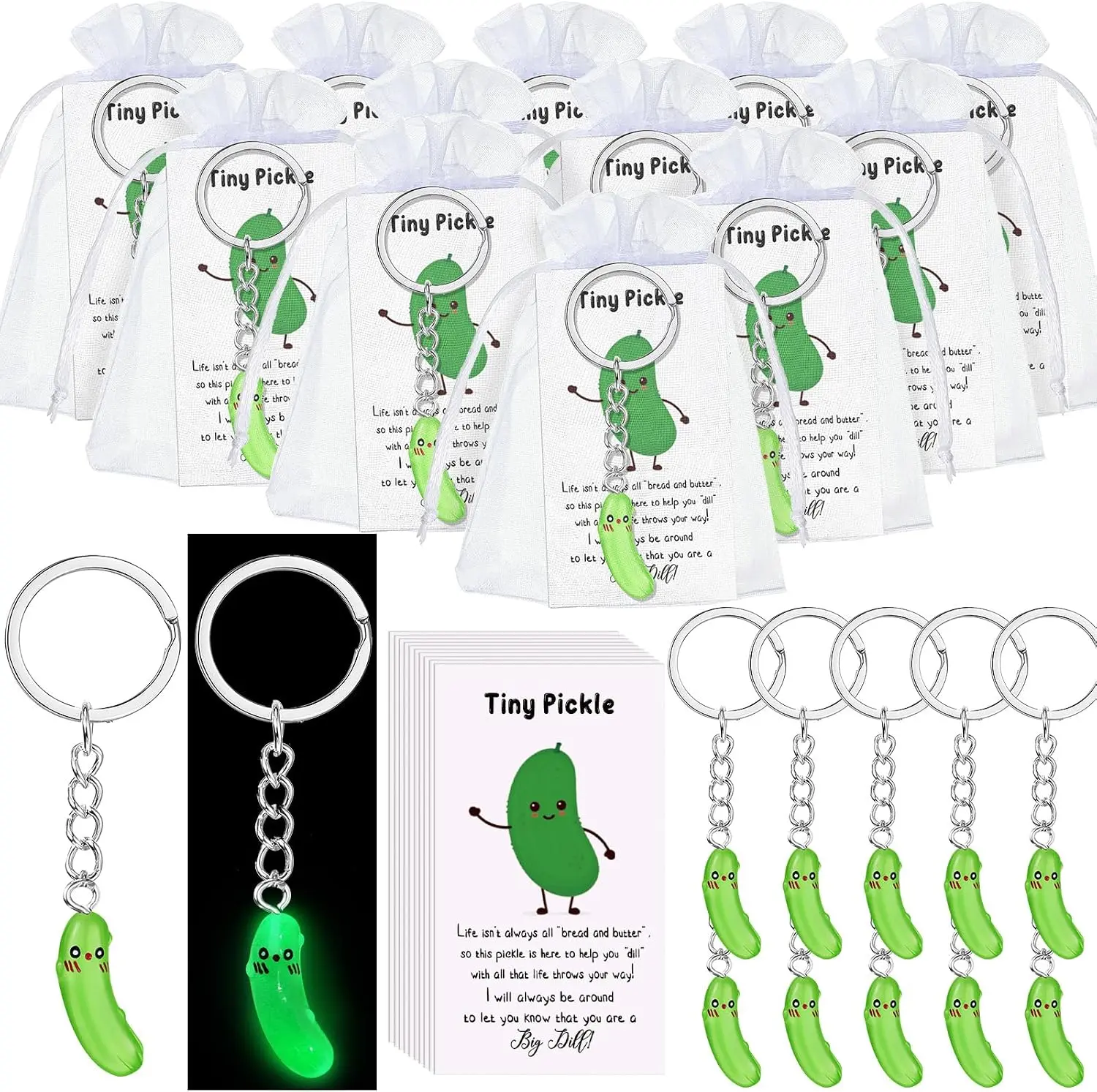 12 Pack Funny Pickle Keychains with Inspirational Cards & Gift Bags, Cute Glow in the Dark Pickle Gifts for Coworkers, Teachers, Nurses, Friends & Party Favors RoundFunny