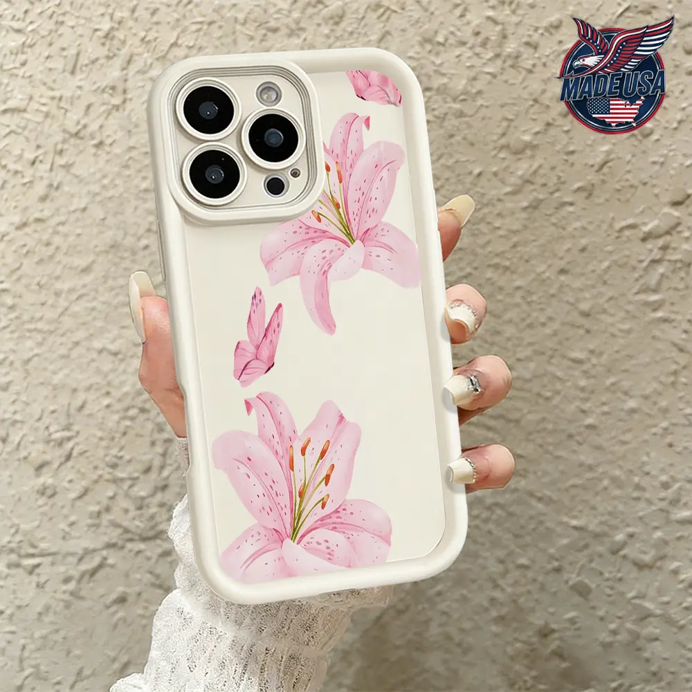 Cute Pink Lily & Butterfly Flower TPU Phone Case, Cover, Casing - Slim, Shockproof Protection Accessory for iPhone 17,16,15,14 Pro Max,13,12,11,Air,XR,XS,Plus
