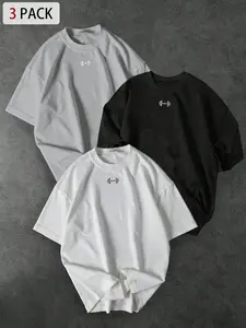 3 Pack Men's Dumbbell Print T-Shirts, Casual Streetwear Short Sleeve Tops, Suitable for Men's Fitness Workout Scenarios