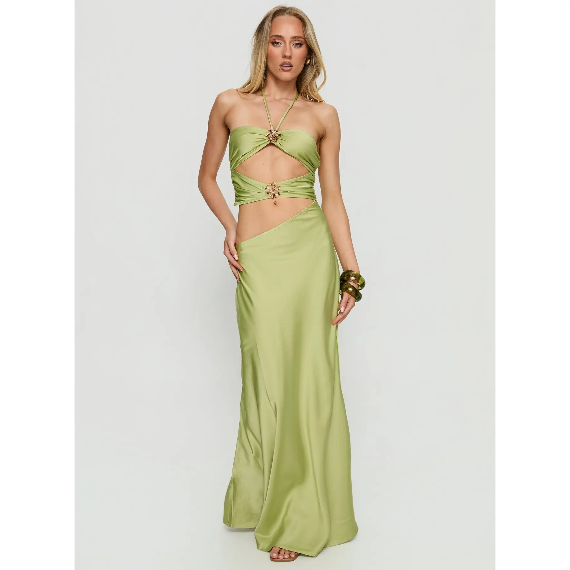 green satin cut out dress Elegant Light Green Satin Deep V-Neck Cut-Out Crystal Detailed Open Back  Maxi Dress with Cape Sleeve