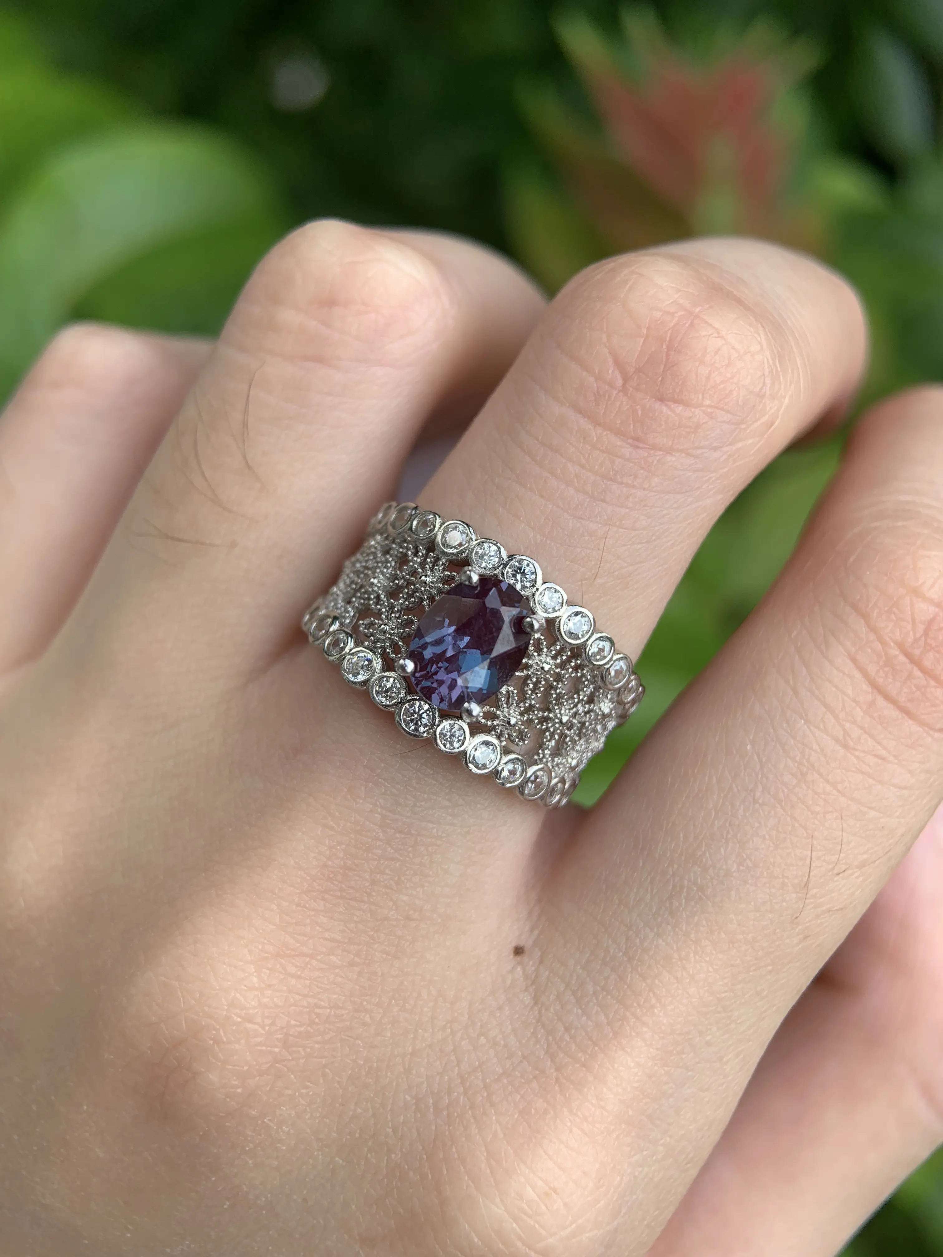Vintage Lace 925 Sterling Silver Adjustable Ring | Color Change Alexandrite / Blue Topaz Statement Ring