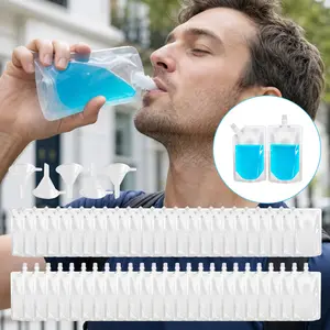 50 Pack Reusable Drink Pouches with 5 Funnels, 8 oz Collapsible Beverage Bags, Leak Proof BPA Free Food-Grade, Refillable Pouches for Camping, Hiking, Pool Party, Festival Essentials & Cruises