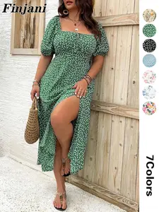 FINJANI【Plus size】Ditsy Floral / All Over Print Split Thigh Dress,Casual Puff Sleeve Tie Front Dress,Bohmian Women Plus Cloting for Summer Beach Daily Wear，Elegant Plus Size,Boho Clothes Women,Plus Size Dresses.