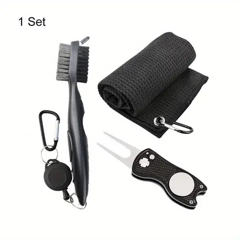 Golf Cleaning Tool Set, 1 Set Golf Towel & Club Groove Cleaner Brush & Foldable Divot Repair Tool, 3 in 1 Golf Cleaning Tool Set, Golf Accessory, Golf Item