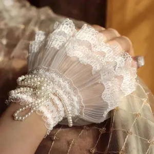 False Lace Cuffs Pearl Detachable Flared Sleeve Wristband Decorative Accessories for Women Bride Wedding