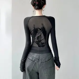 y2kBlack Retro Angel Print T-shirt for Women 2025 Autumn Fashion Slim Fit Tee Shirt Y2k E-Girl Long Sleeve Bottoming Tops Mujer Summer Womenswear Streetwear Crewneck Short