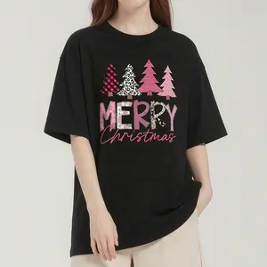Merry Christmas T-Shirt  Festive Pink Plaid & Leopard Print Trees Design Holiday Seasonal Graphic Tee Cute Xmas Party Gift Idea Fabric Regular Fit Short Sleeve Tops Give him/her the top Christmas gift