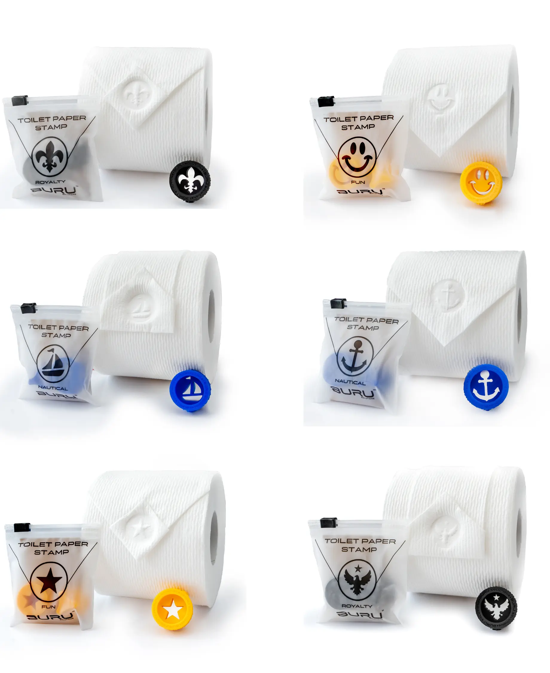 BURU SOLUTIONS Toilet Paper Stamp Variety Pack (6 Pack) - Add a Unique Personal Touch to Your Bathroom Decor! Ideal for Housekeeping, Hotels, Rentals, Home Staging Decor