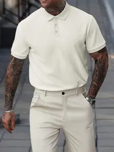 Two-Piece Set Men's Knit Polo Shirt & Pants, Regular Fit Casual Short Sleeve Collared Top & Trousers, Men's Summer