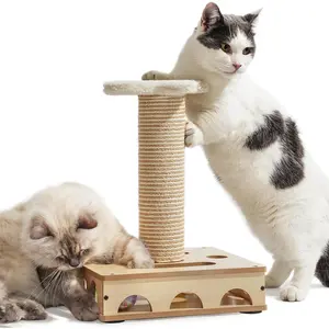 MEWOOFUN Interactive Wooden Cat Toy, Puzzle Box with Sisal Scratching Post for House Cats - Interactive Cat Box with 16 Holes and 3 Bell Balls, Cat Puzzle Box Funny Cat Toy