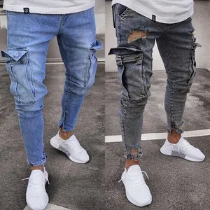 Men's Gray Blue Ripped Cargo Jeans, High Cotton Content Distressed Denim Pants with Side Pockets, Slim Fit Streetwear Trousers for Men, Comfortable Stretch Fabric