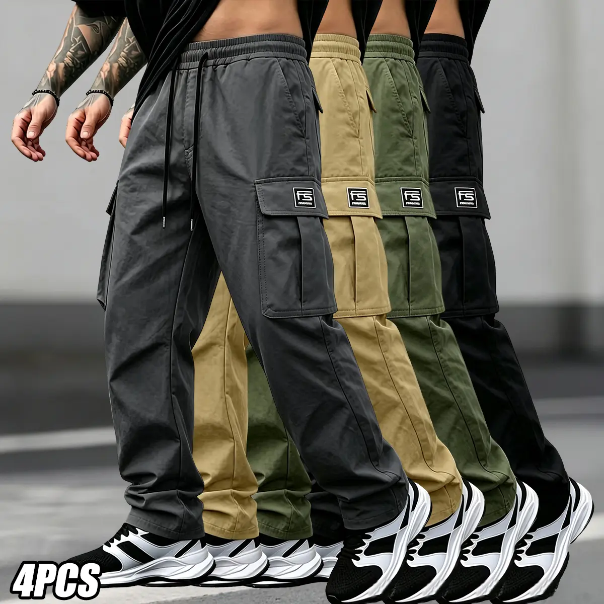 Men’s lightweight summer cargo pants set with elastic waistband, multi-pocket straight-leg casual trousers—durable, breathable, quick-drying, and non-clingy; suitable for commuting and outdoor activities.