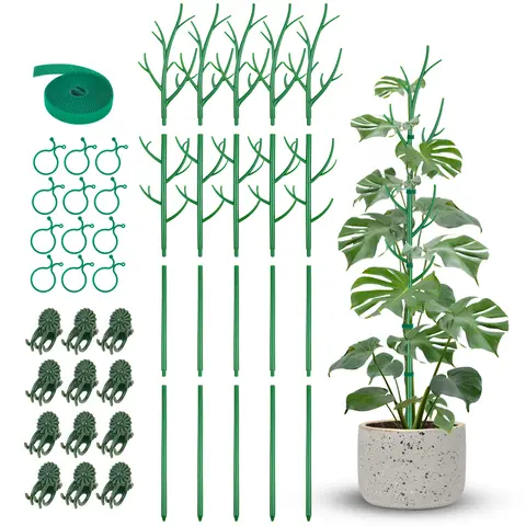 NiHome 50in Root-Rot Safe Plastic Plant Stakes (5 Pieces, 10+10 Pole Set) with 12 Round Plant Clips, Natural Branch Design, Indoor/Outdoor Support Fits Pothos, Ivy & Clematis for Vine Climbing & Upright Growth
