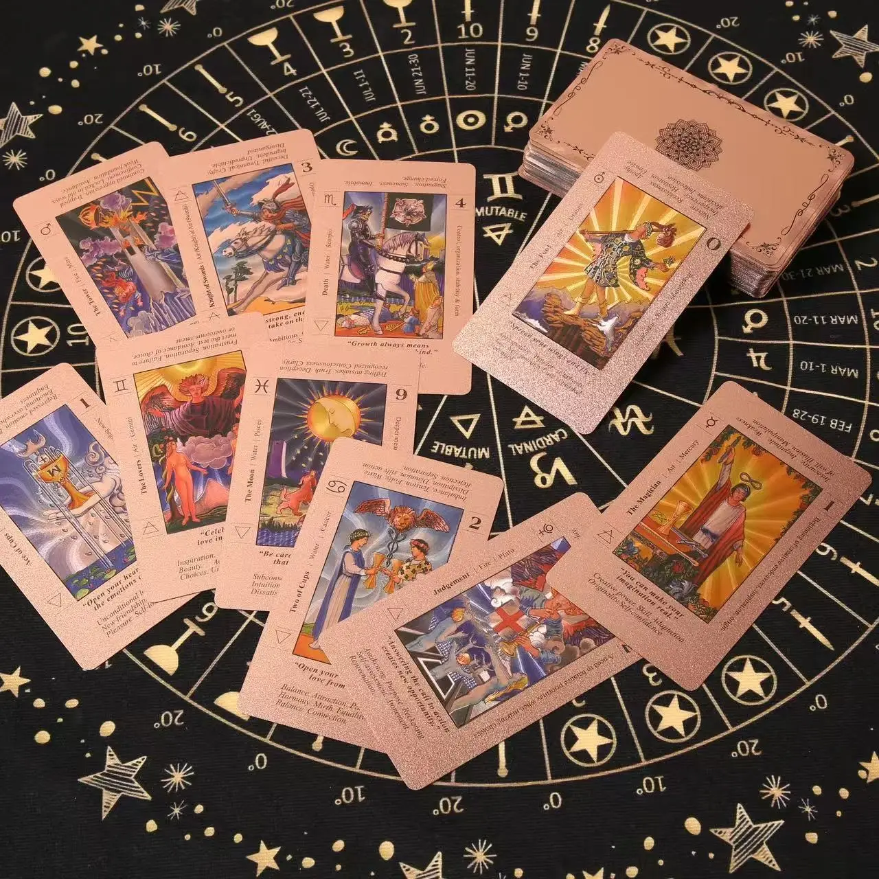 Rose Holographic Tarot Deck for Beginners - Gold Foil, Color-Shifting, Waterproof Cards w/ Keywords & Zodiac Signs | Complete Gift Set w/ Guidebook &
