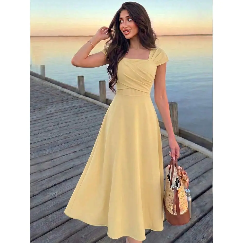 Women's Elegant Pale Yellow Square Neck Midi Dress,Pleated Versatile Summer Holiday Outfits,French Vacation Beach Vacation Dress For Garden Picnic