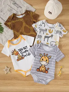 Summer Baby Boys Cartoon Giraffe Print & Wildlife Full Body Print Round Neck Short Sleeve Triangle Onesies Set, 4-Piece Pack