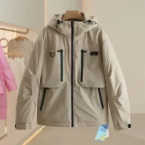 Multi-Functional Beige Hooded Down Jacket Waterproof & Windproof Unisex Outdoor Coat with Pockets Smooth Zipper Adjustable Cuffs Fitted Turtleneck Casual Womenswear