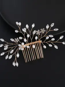Elegant Pearl Crystal Hair Comb for Bride Wedding, Handmade Rhinestone Hair Clip for Women, Silver Color/ False Hair Pieces